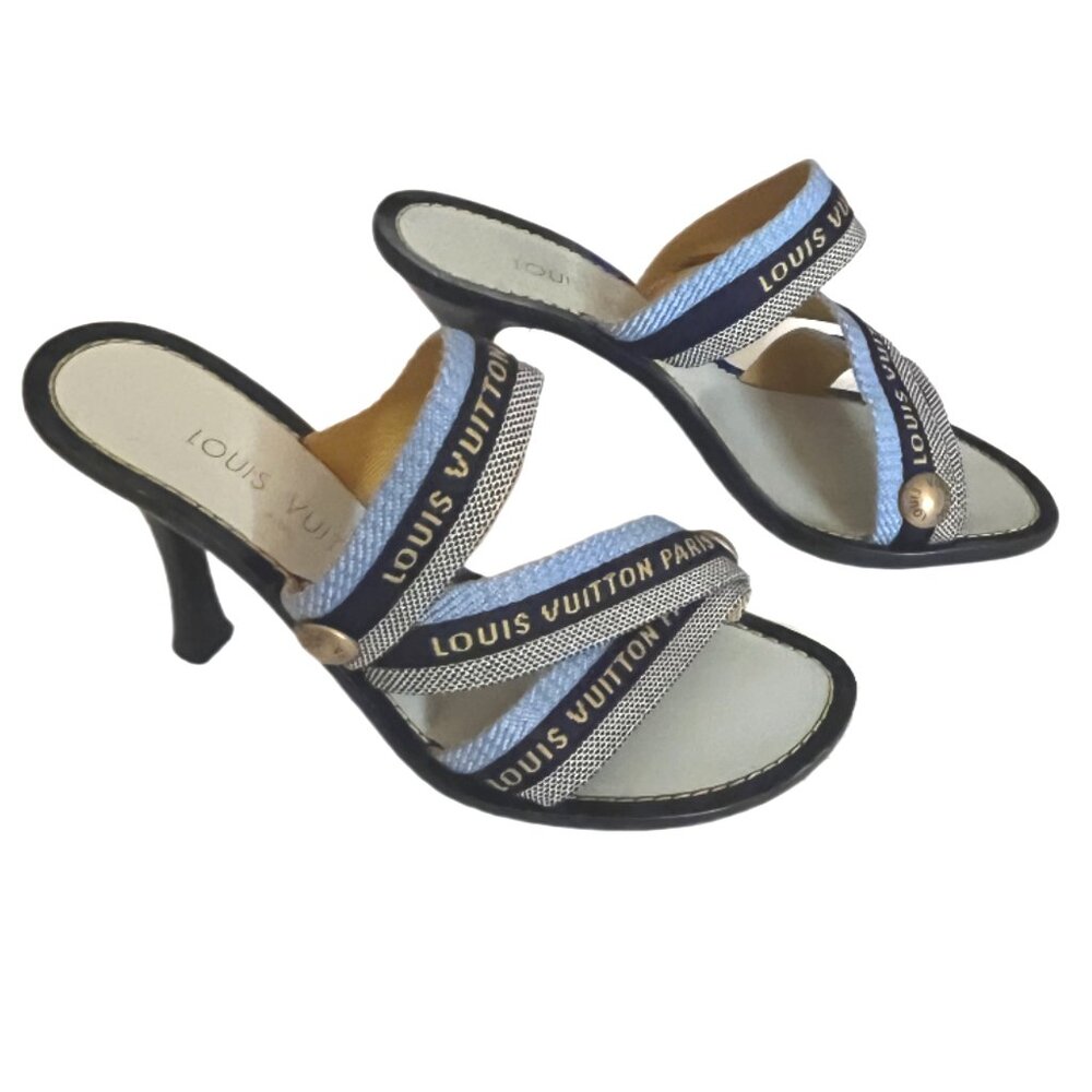 Louis Vuitton Paris Blue Canvas 3.5" Heeled Sandals Metal Logo Size 35/US size 5 - Picture 2 of 13